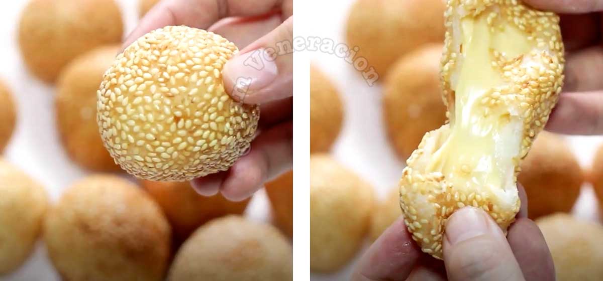 Gooey cheese inside sesame ball