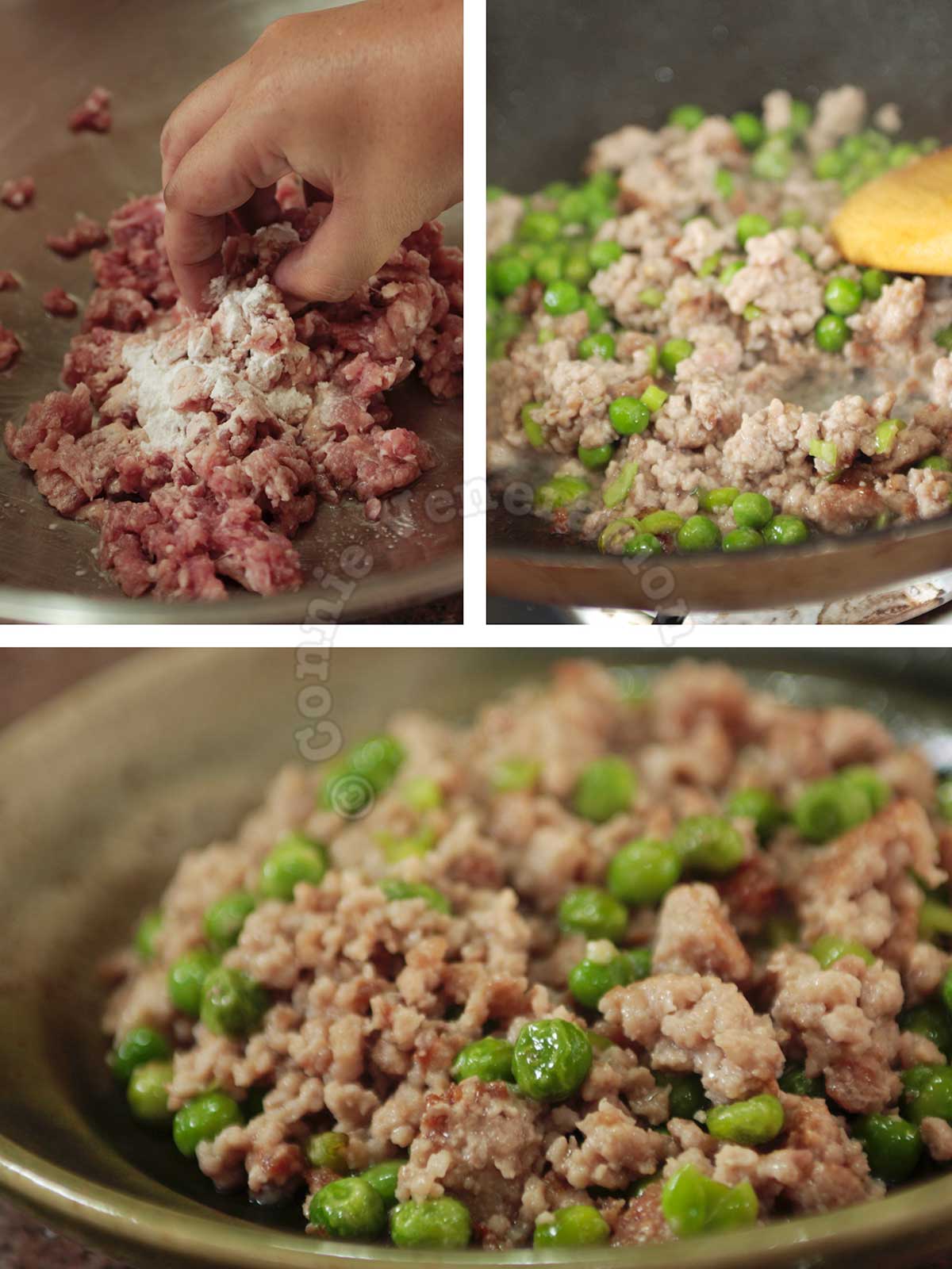 Cooking ground pork for taro puff filling