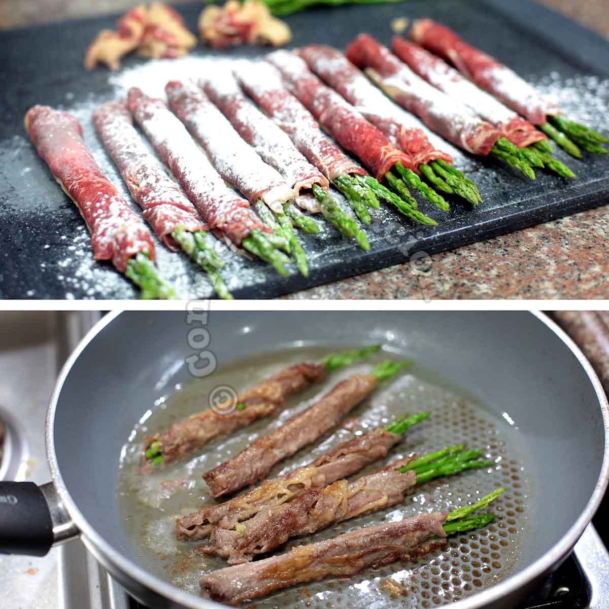 Floured and browned beef-wrapped asparagus