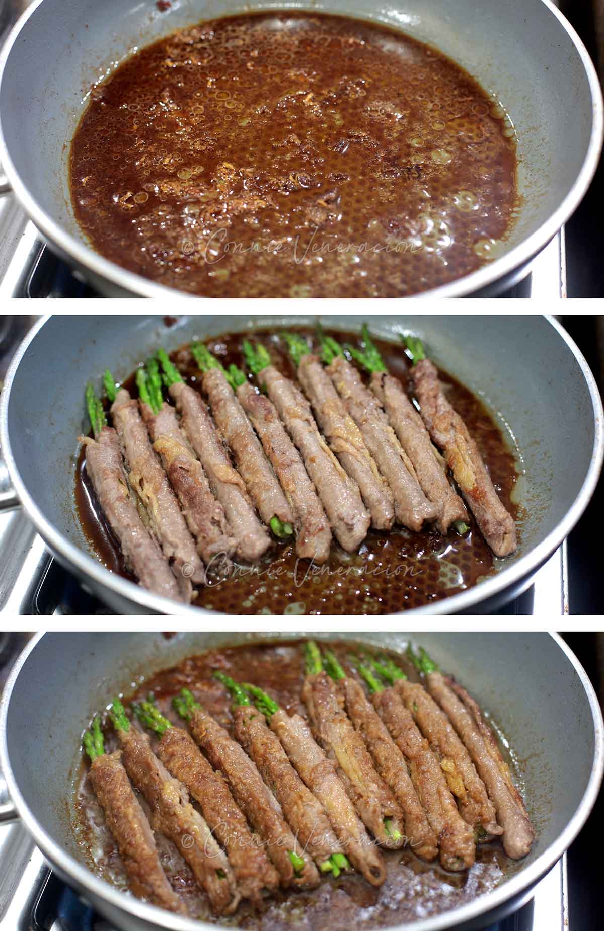 Braising browned beef-wrapped asparagus in ginger teriyaki sauce