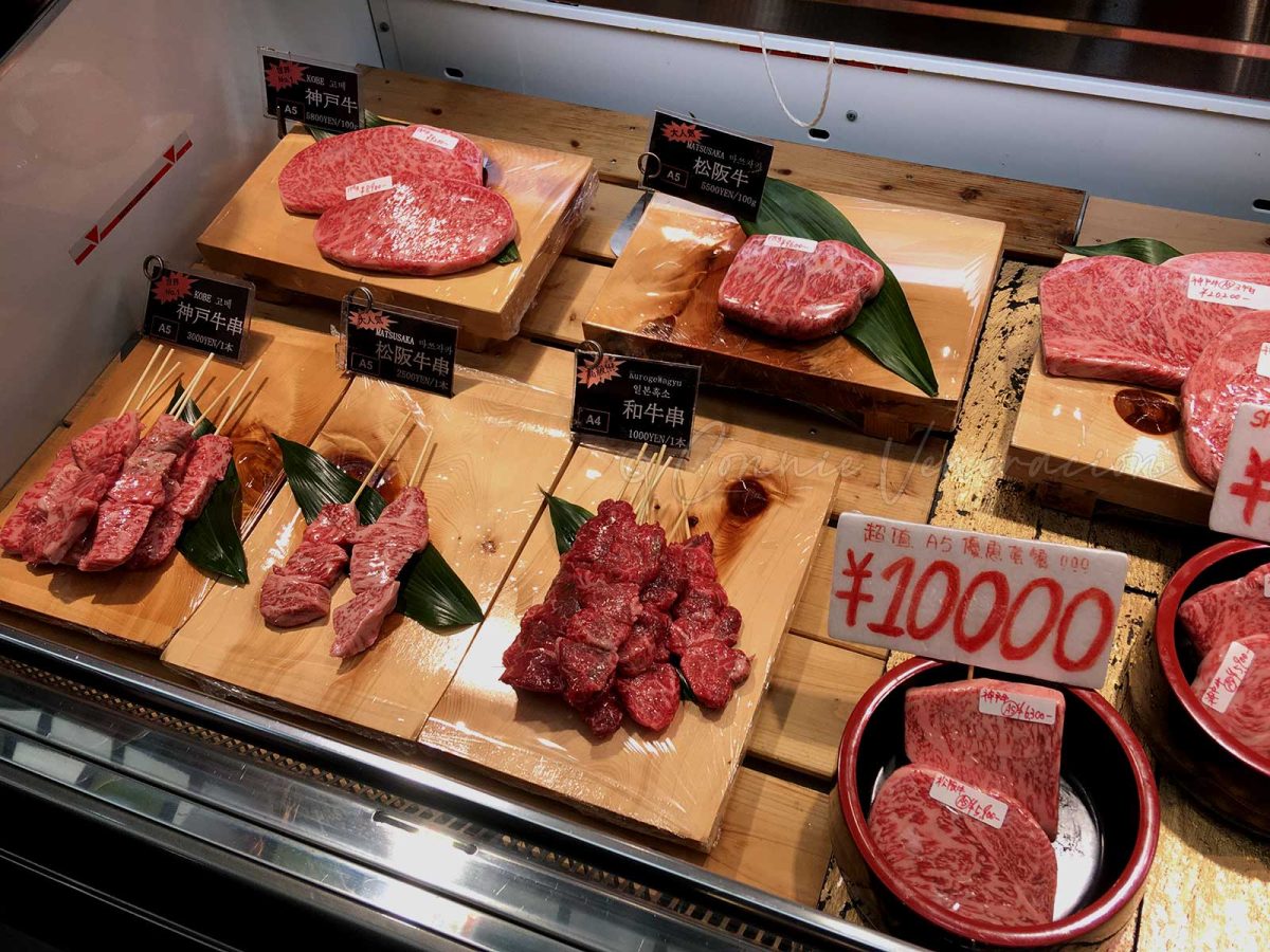 Wagyu beef from different regions of Japan at Kuromon Market in Osaka