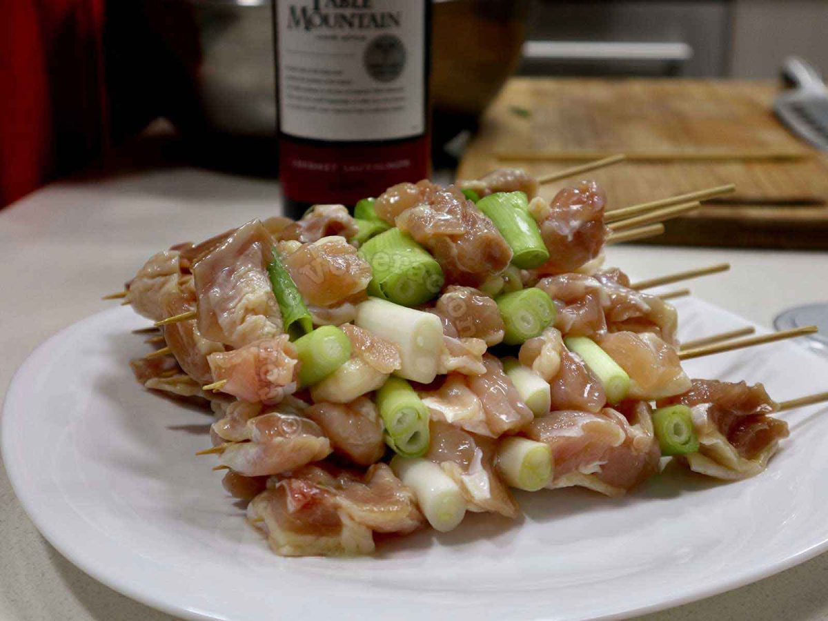 Skewered chicken and scallions for yakitori