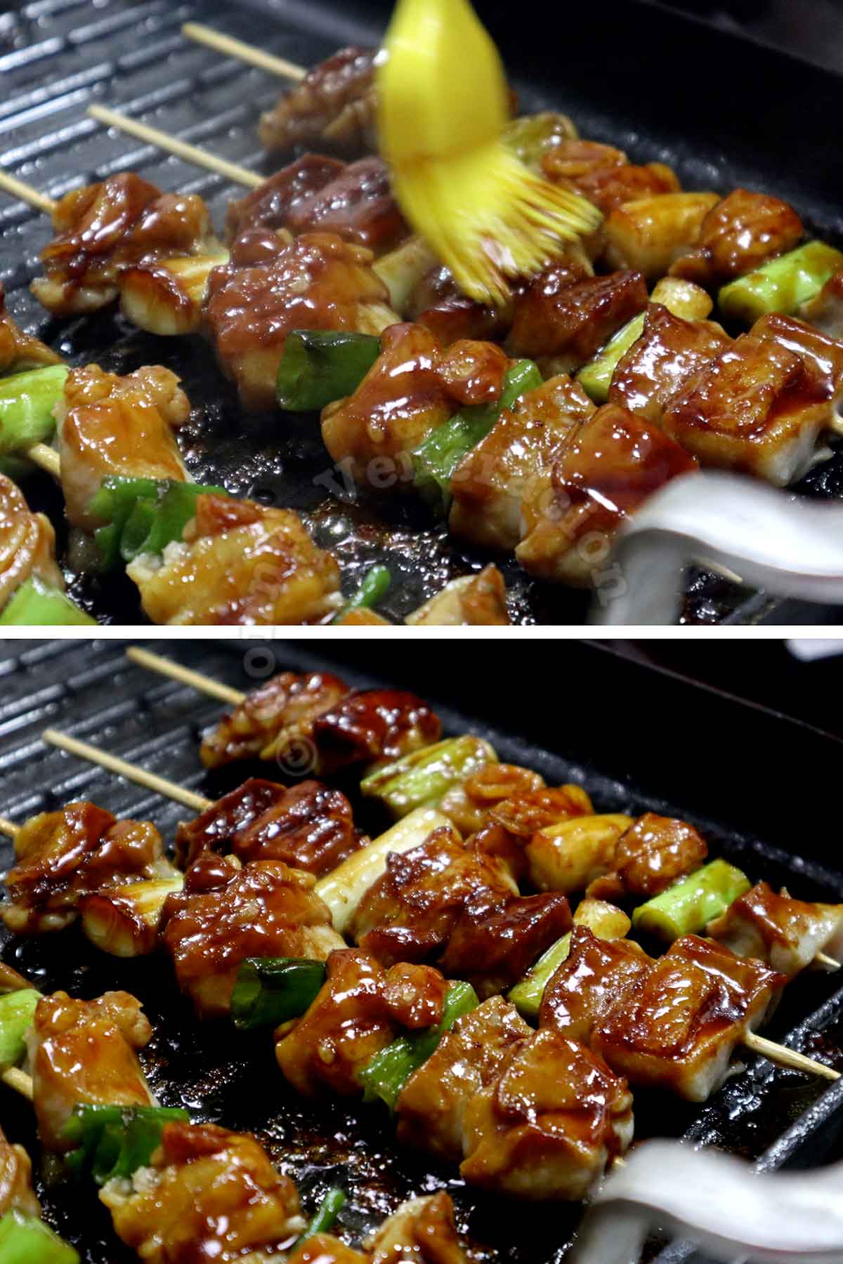 Brushing tare sauce on skewered chicken and scallions on stovetop grill