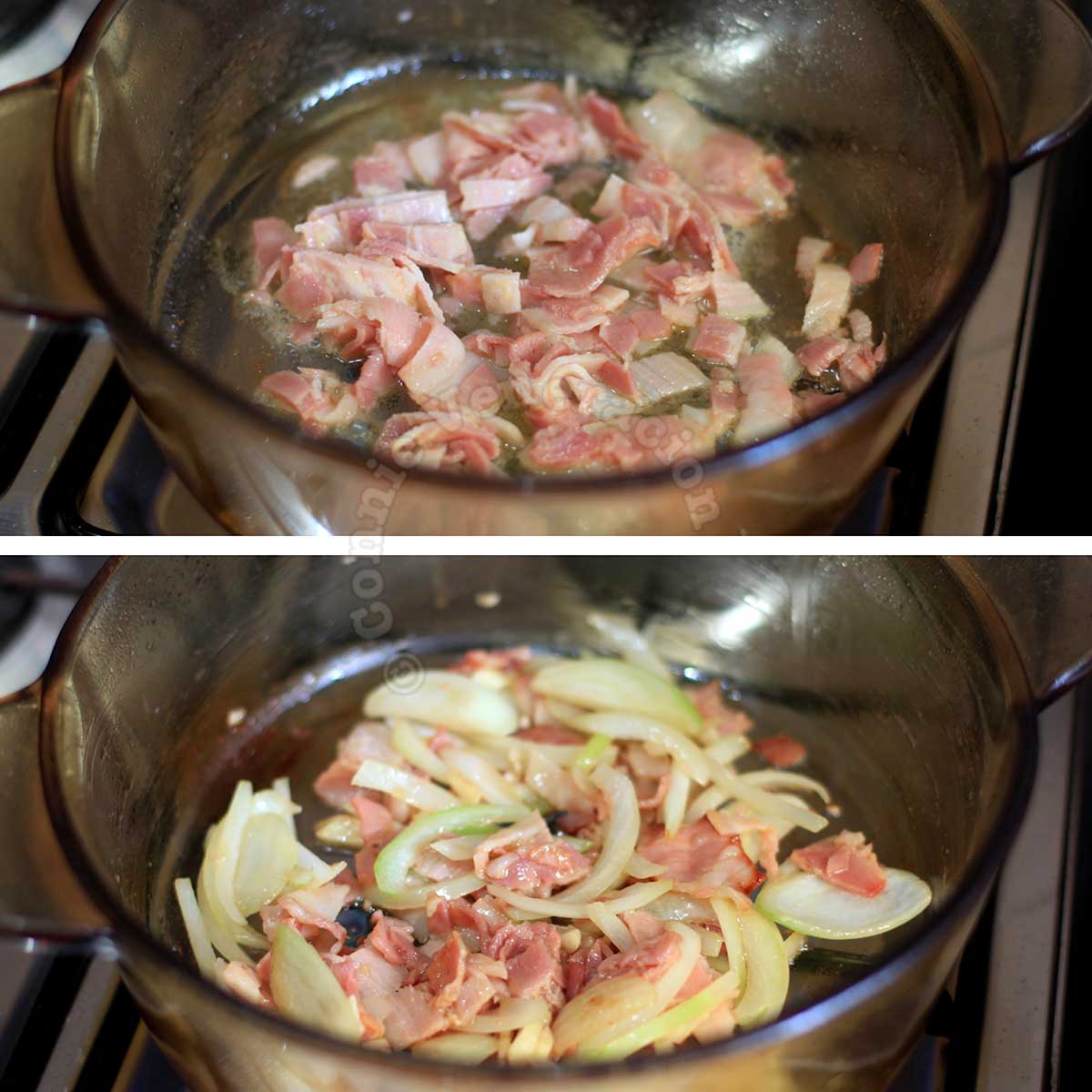 Browning bacon and cooking onion in rendered bacon fat