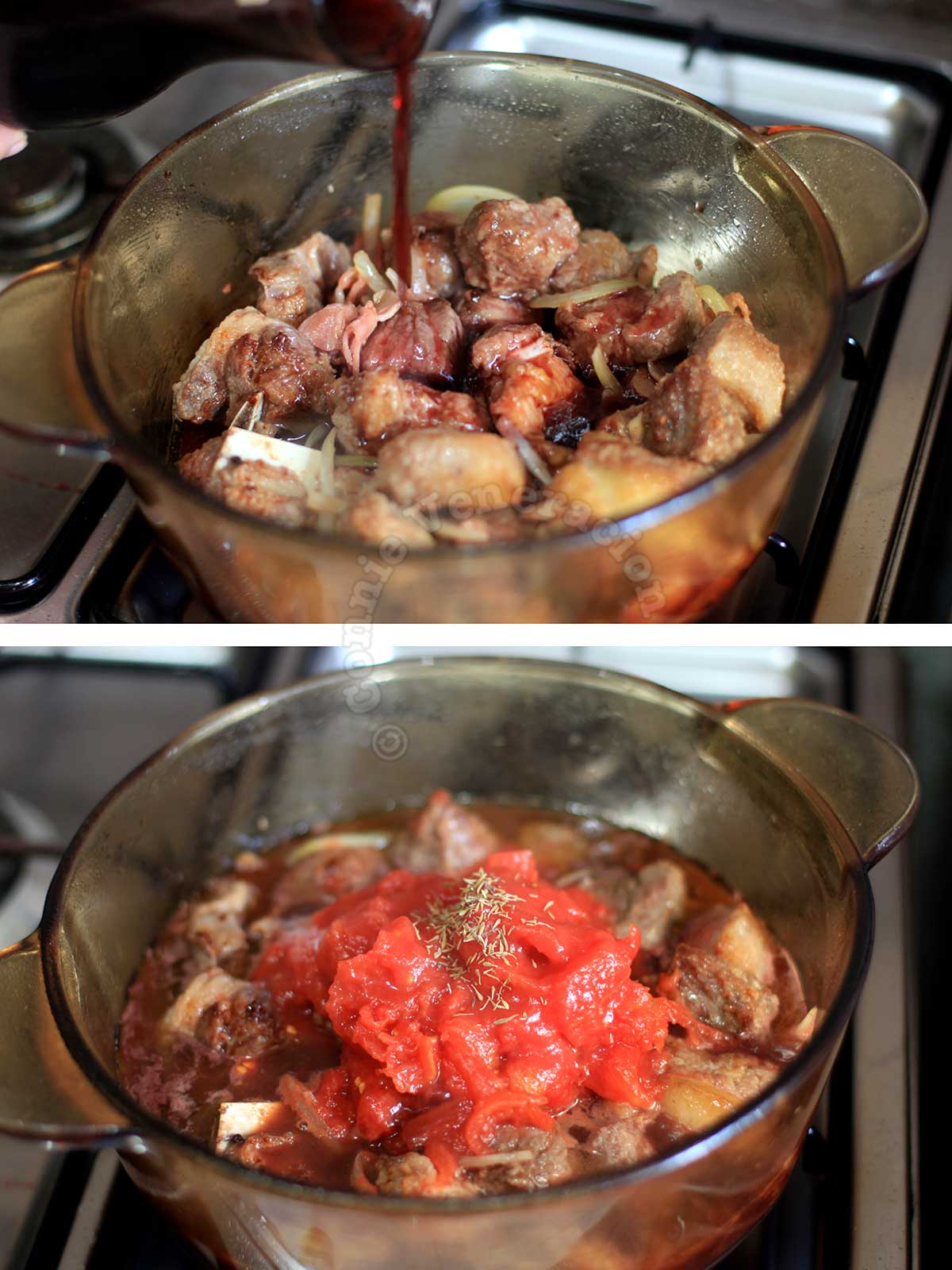 Pouring wine, and adding tomatoes and herbs to beef in pot