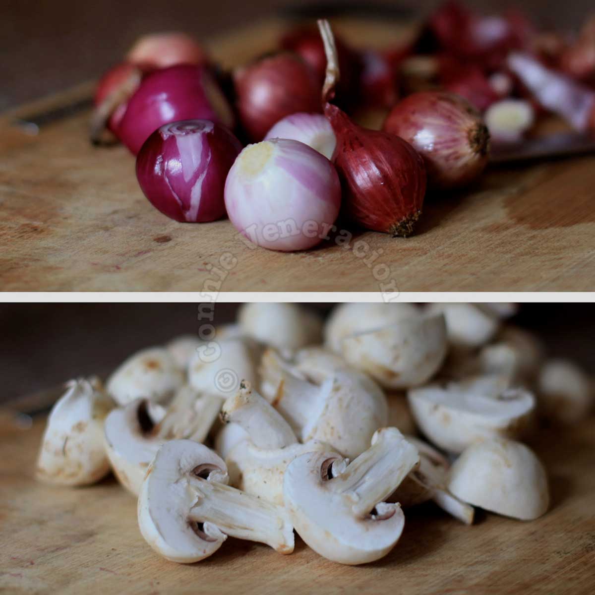 Pearl onions and button mushrooms on bamboo chopping board