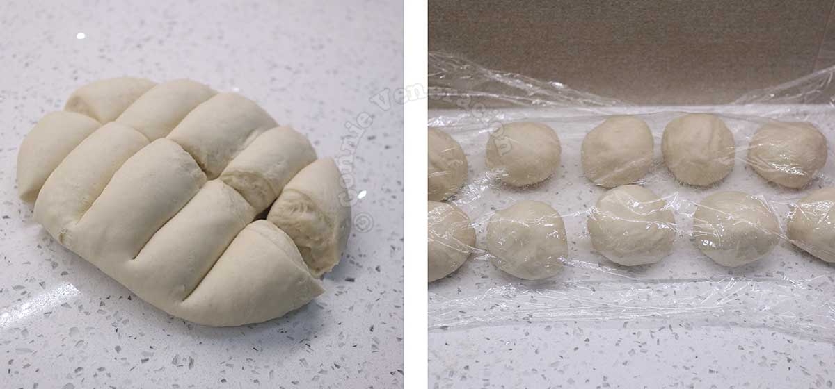 Cutting bread dough into portions, and rolling each portion into a ball