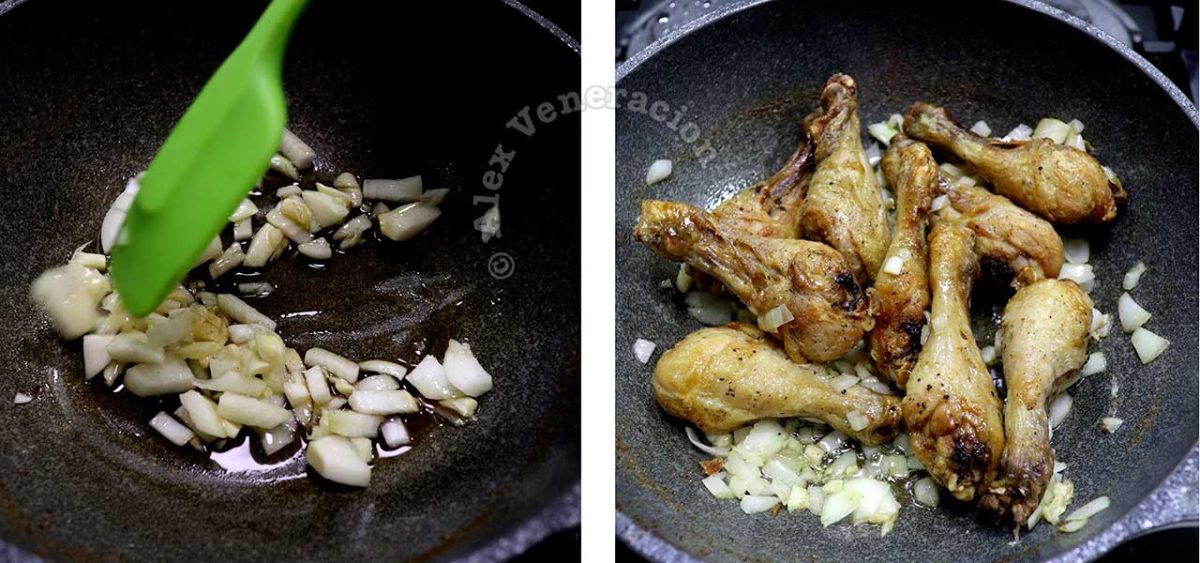 Sauteeing onion, garlic and fried chicken