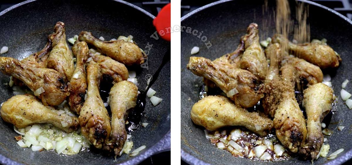 Sprinkling brown sugar over chicken in pan