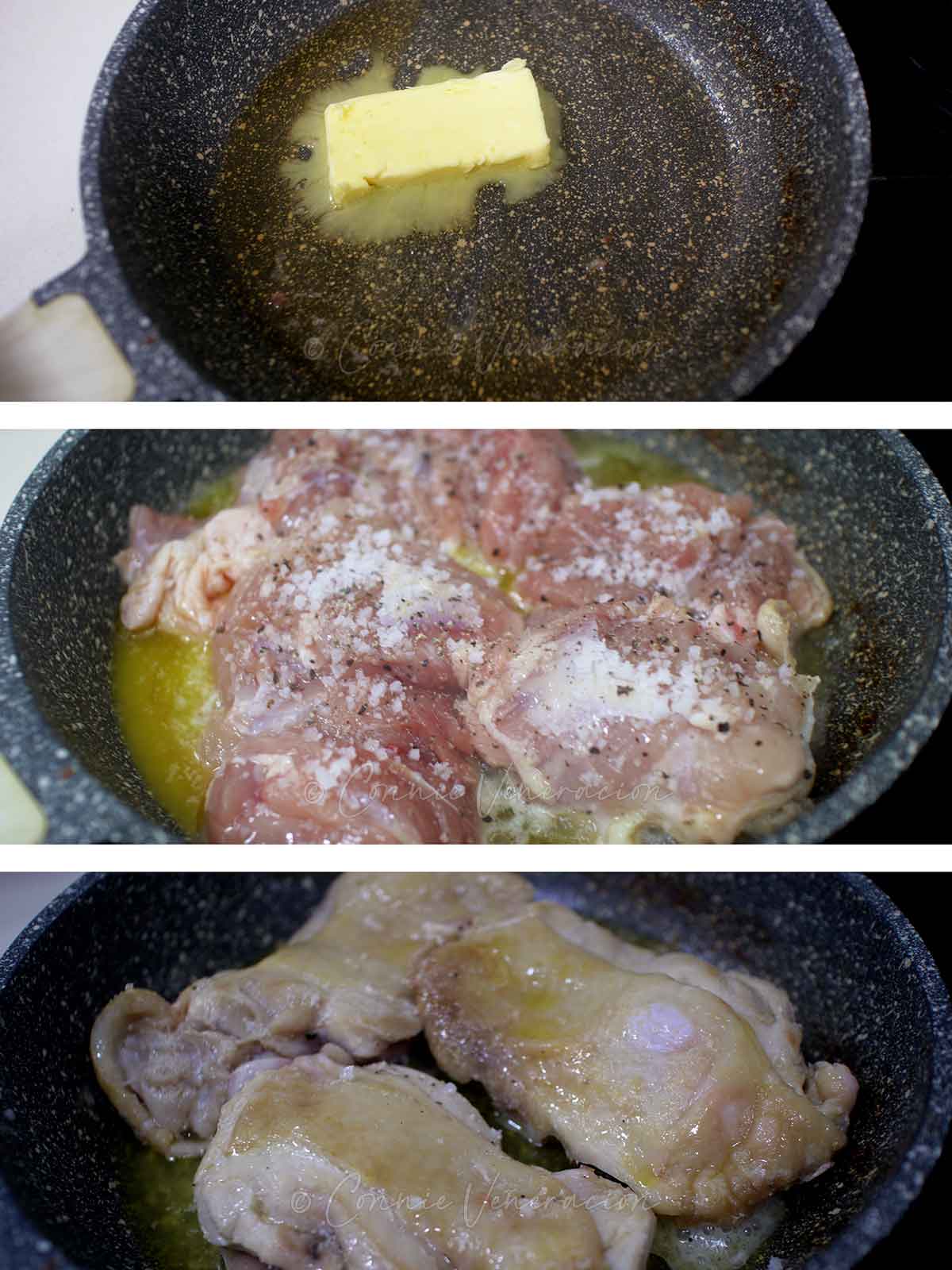 Cooking chicken in butter, and bacon and sausage drippings