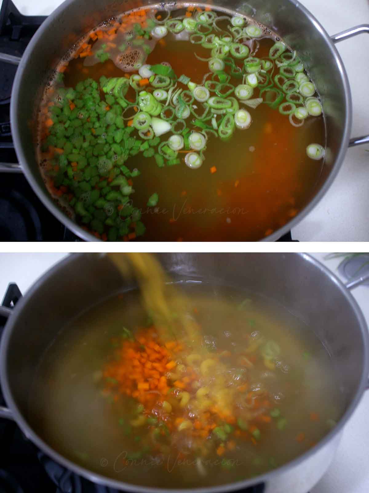 Boiling celery, carrot and leeks in broth before adding macaroni
