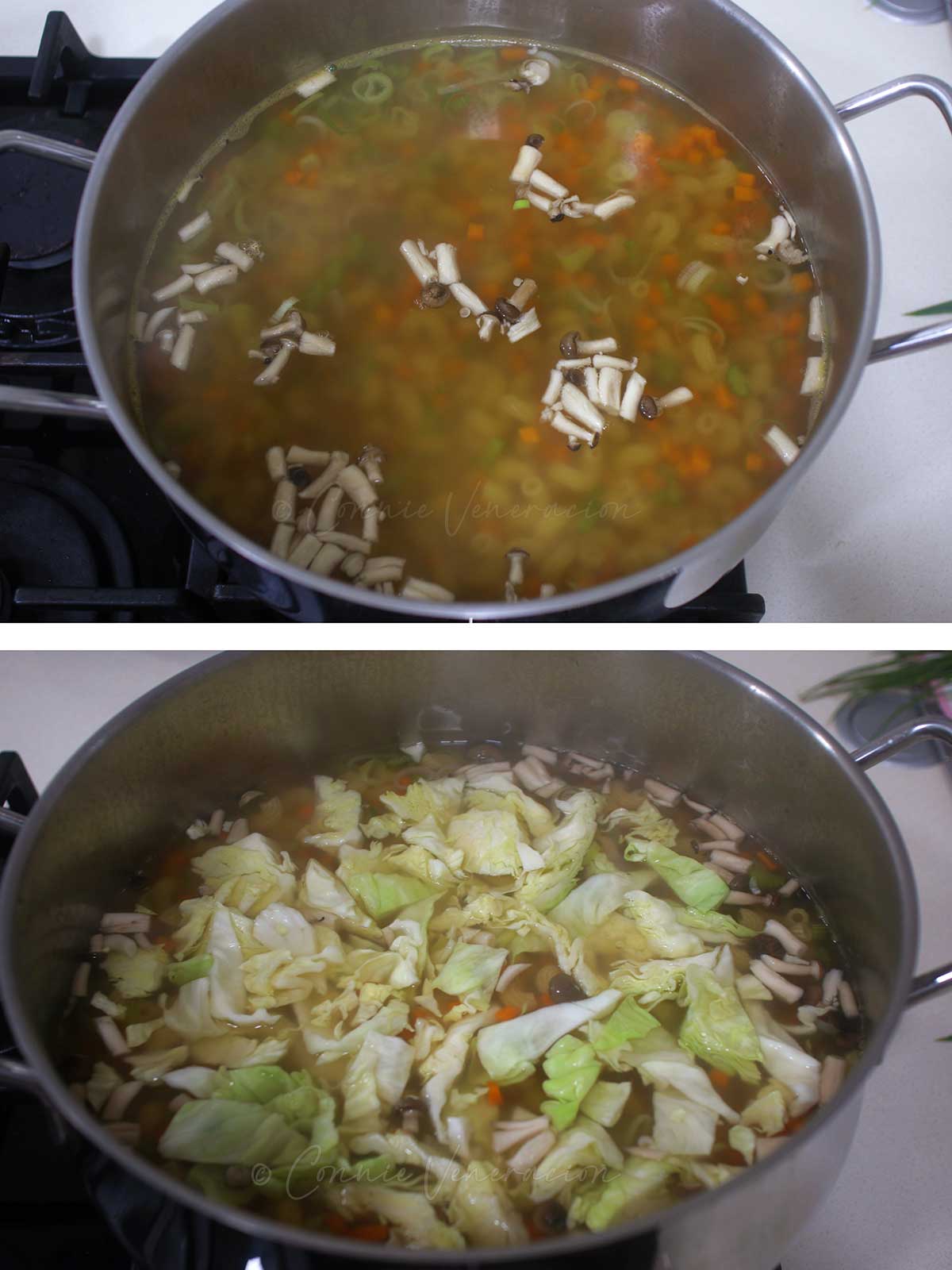 Adding mushrooms and cabbage to chicken and macaroni soup (Filipino sopas)