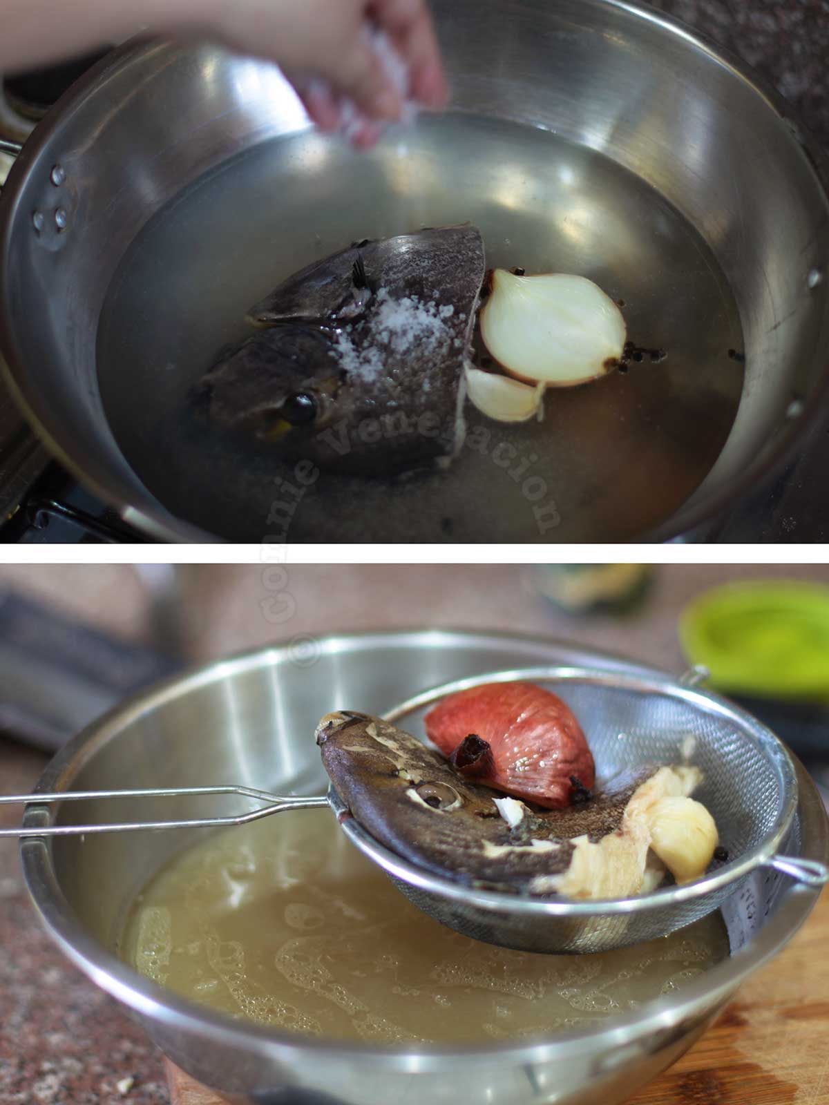 Boiling fish head with spices and straining the broth (cooking liquid)