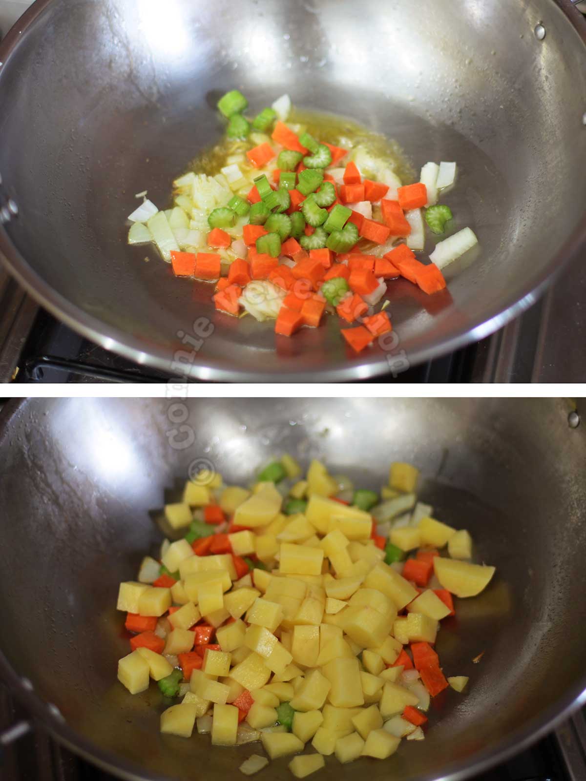 Sauteeing onion, carrot and celery in butter then adding carrot and potato
