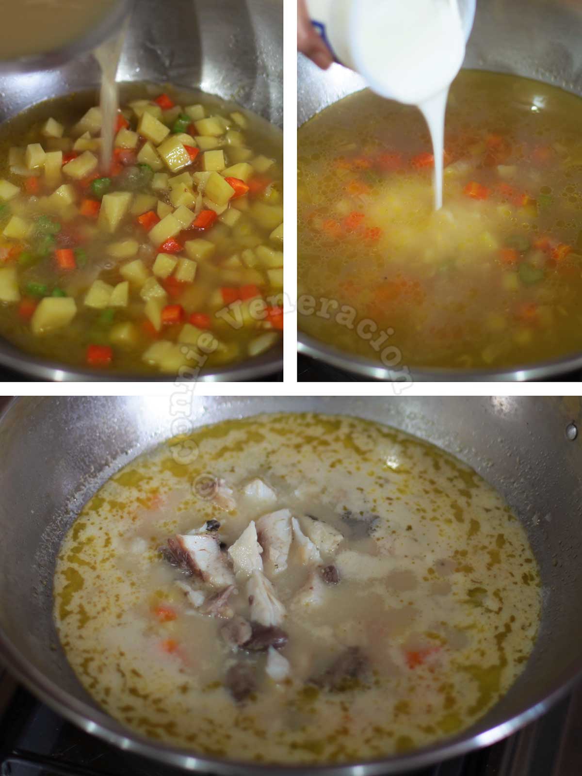 Pouring fish broth and yogurt into pan with vegetables before stirring in flaked fish