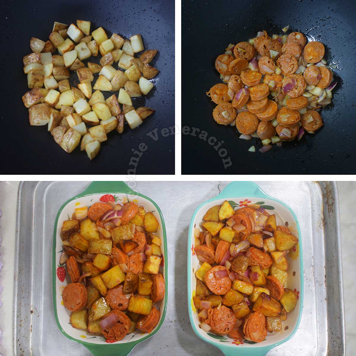 Frying potatoes and sausages, and transferring them into baking pans