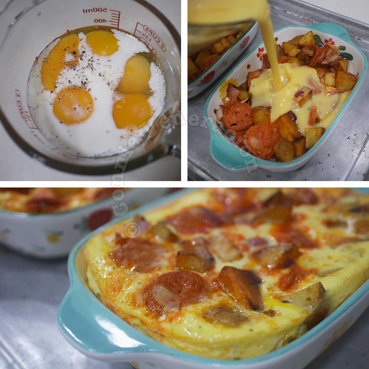 Pouring beaten eggs over sausages and potatoes in baking pans