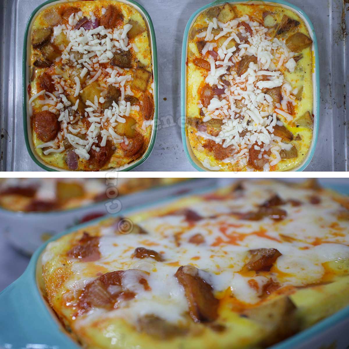 Topping Sausage and potato breakfast casserole with grated mozzarella