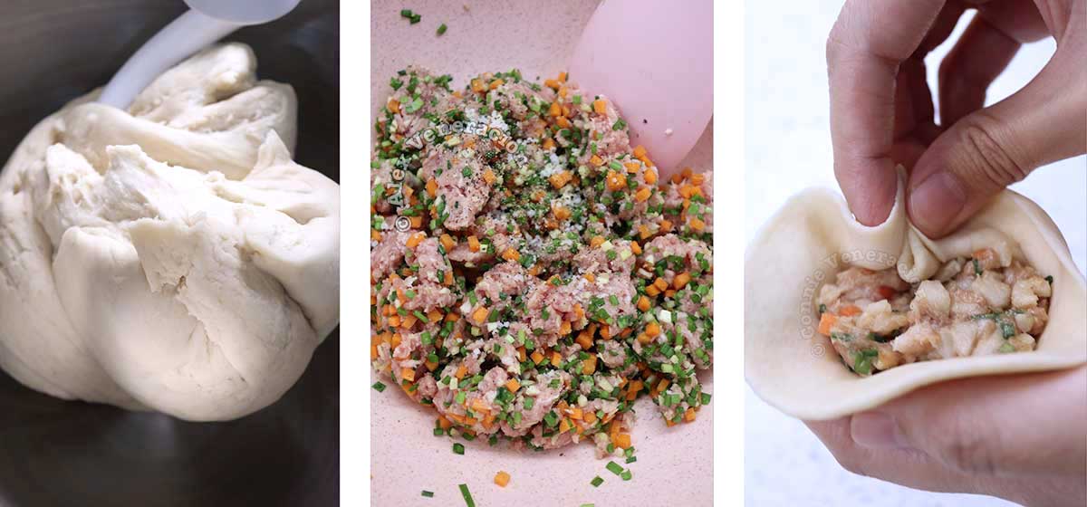 Making dough and pork filling, and filling the dough to make Chinese steamed pork buns (baozi)