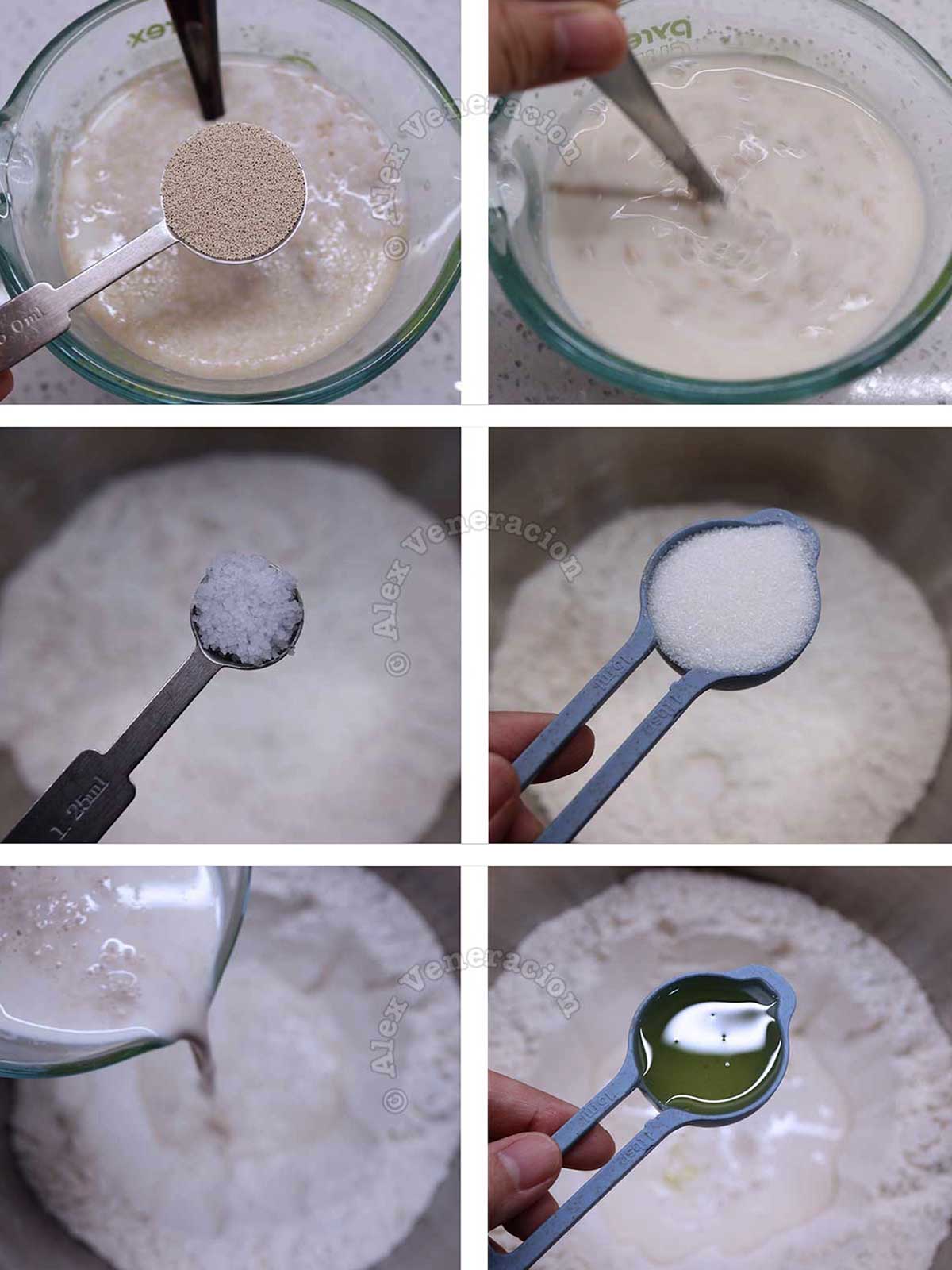 Mixing flour, yeast, salt, sugar, milk and oil to make dough