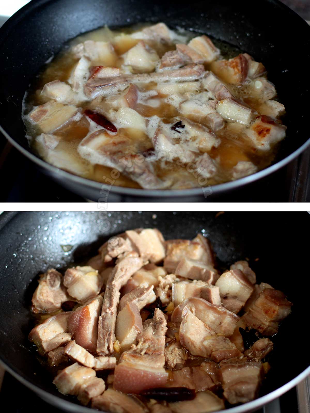 Simmering pork in broth