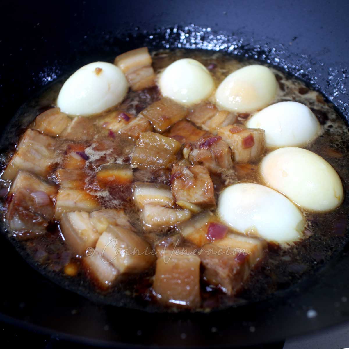 Adding hardboiled eggs to pork