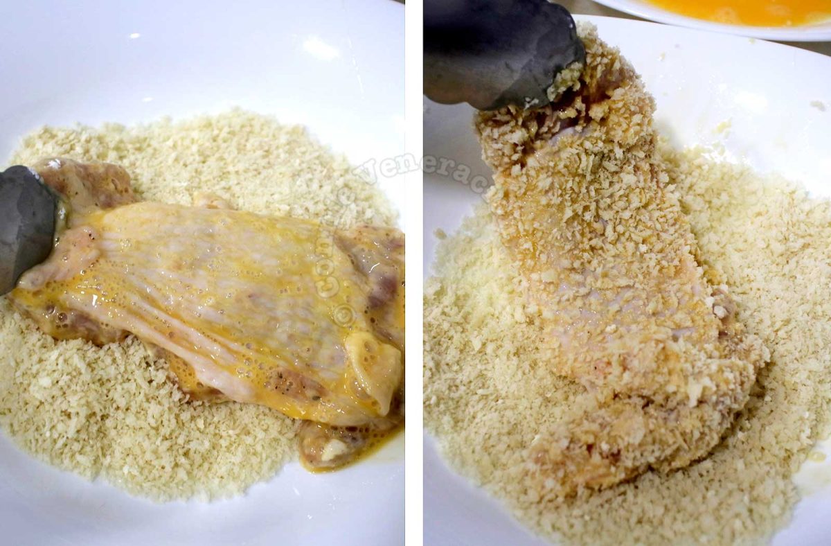 Coating chicken fillet with panko