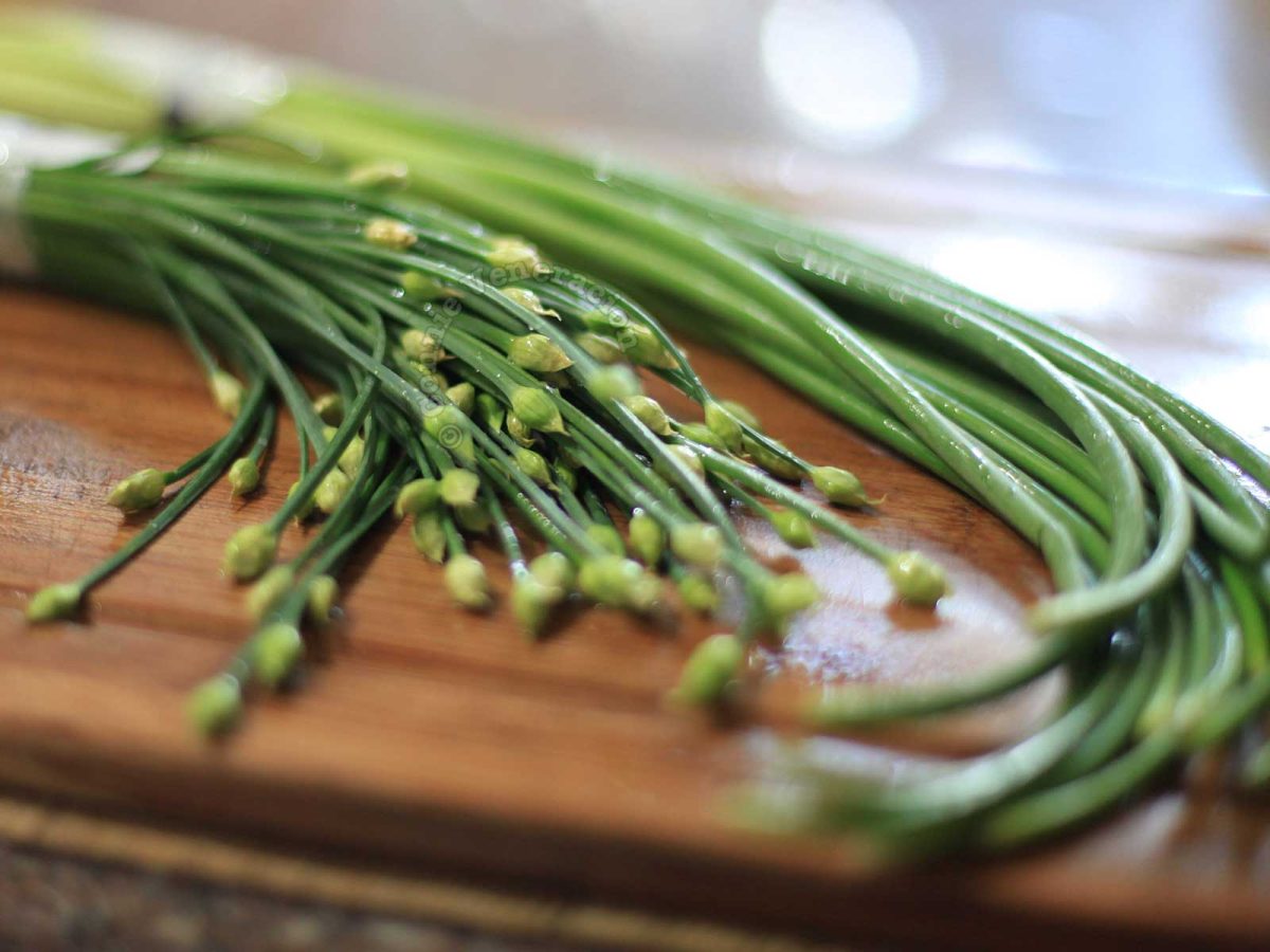 Garlic chives and garlic scapes on bamboo chopping board