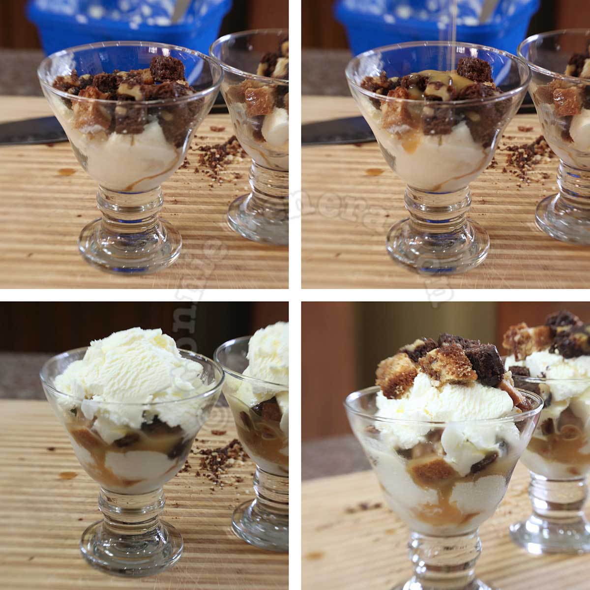 Assembling Kahlua-drenched brownies with vanilla ice cream in dessert glasses