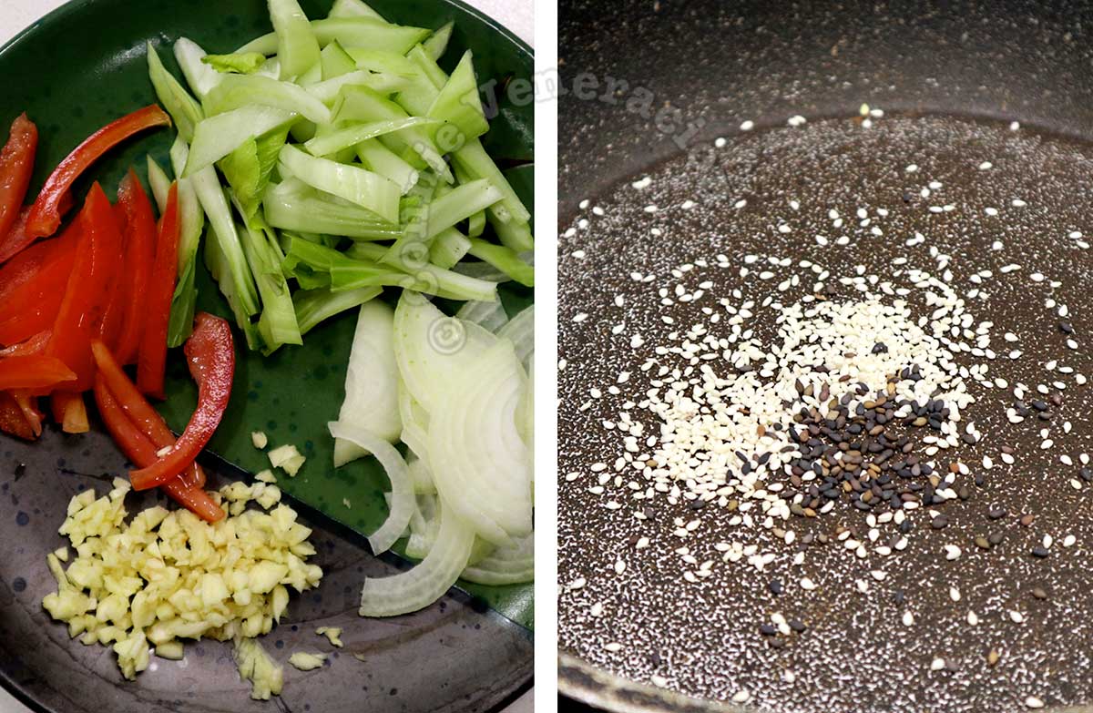 Sliced vegetables on plate / toasting sesame seeds in pan