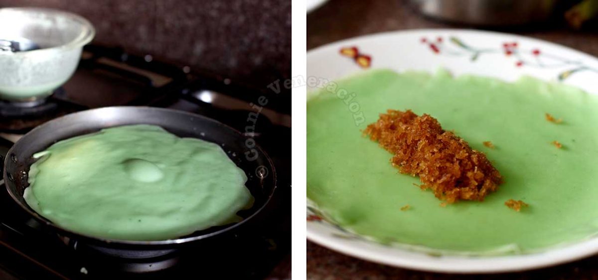 Cooking coconut pandan crepe in a pan and filling it with a mixture of palm sugar and grated coconut