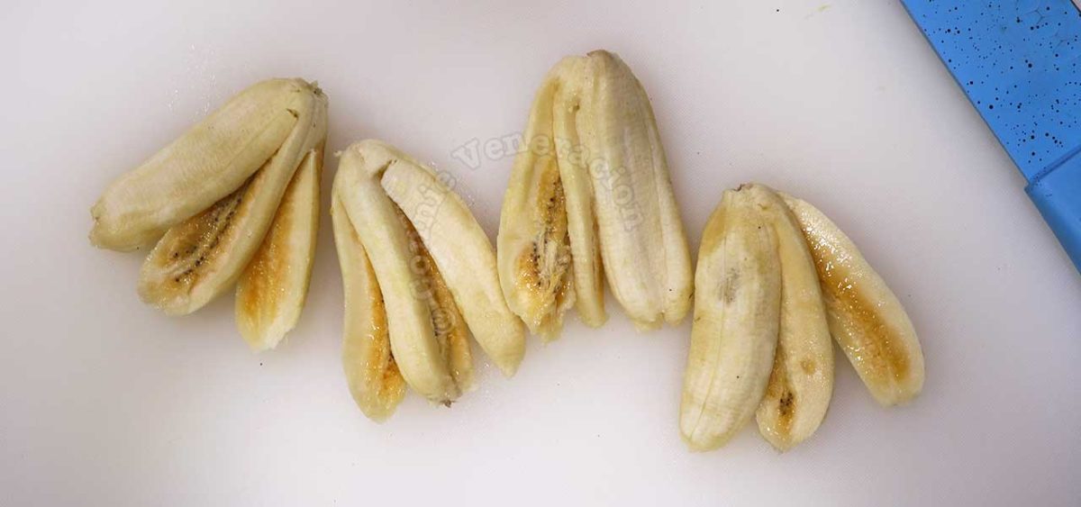 Saba bananas sliced to make a fan