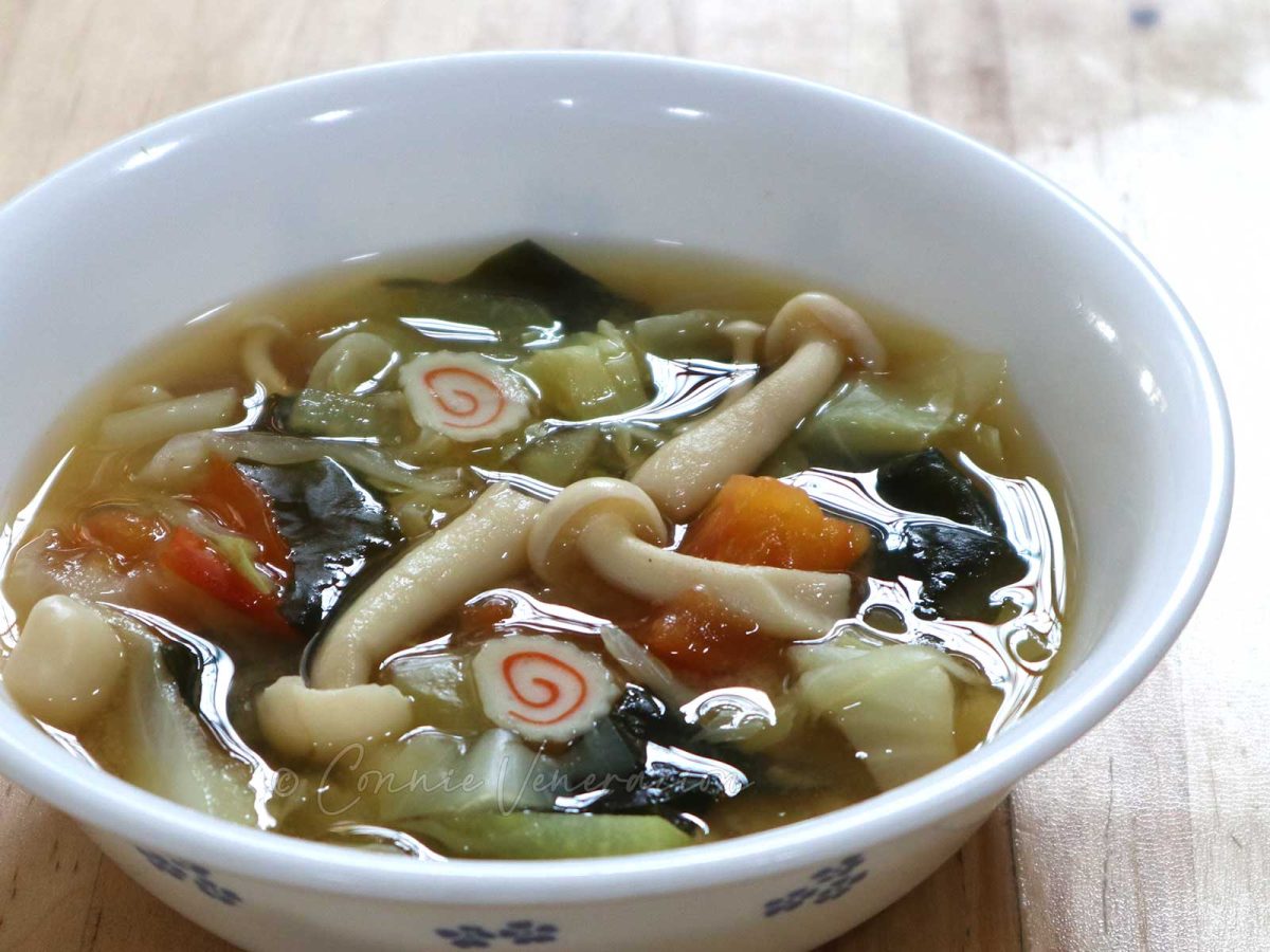 Vegetables, naruto and mushroom miso soup