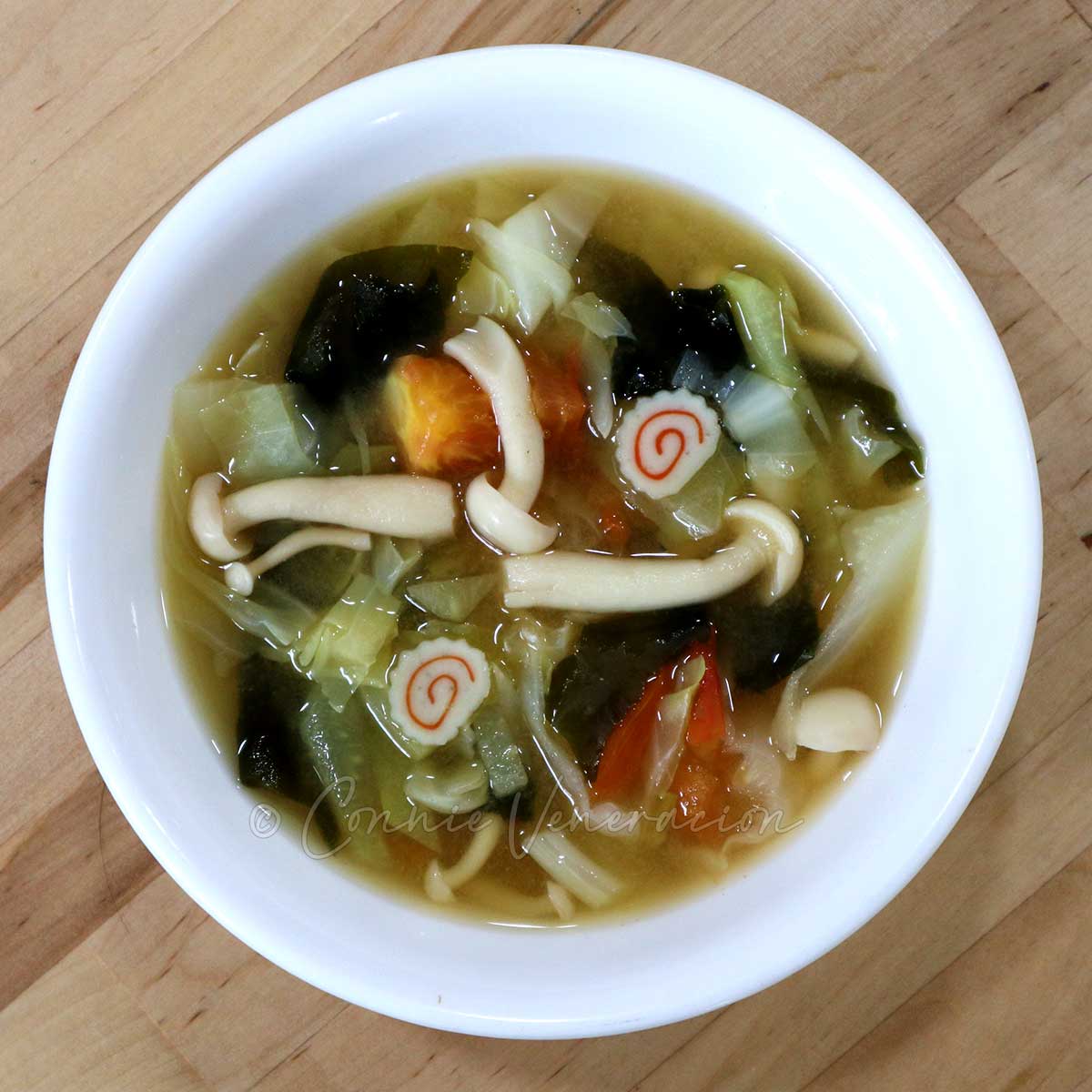 Vegetables, naruto and mushroom miso soup