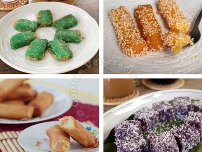 Four ways to serve nian gao: dipped in egg and fried, coated with sesame seeds and fried, as spring roll filling, and steamed with desiccated coconut