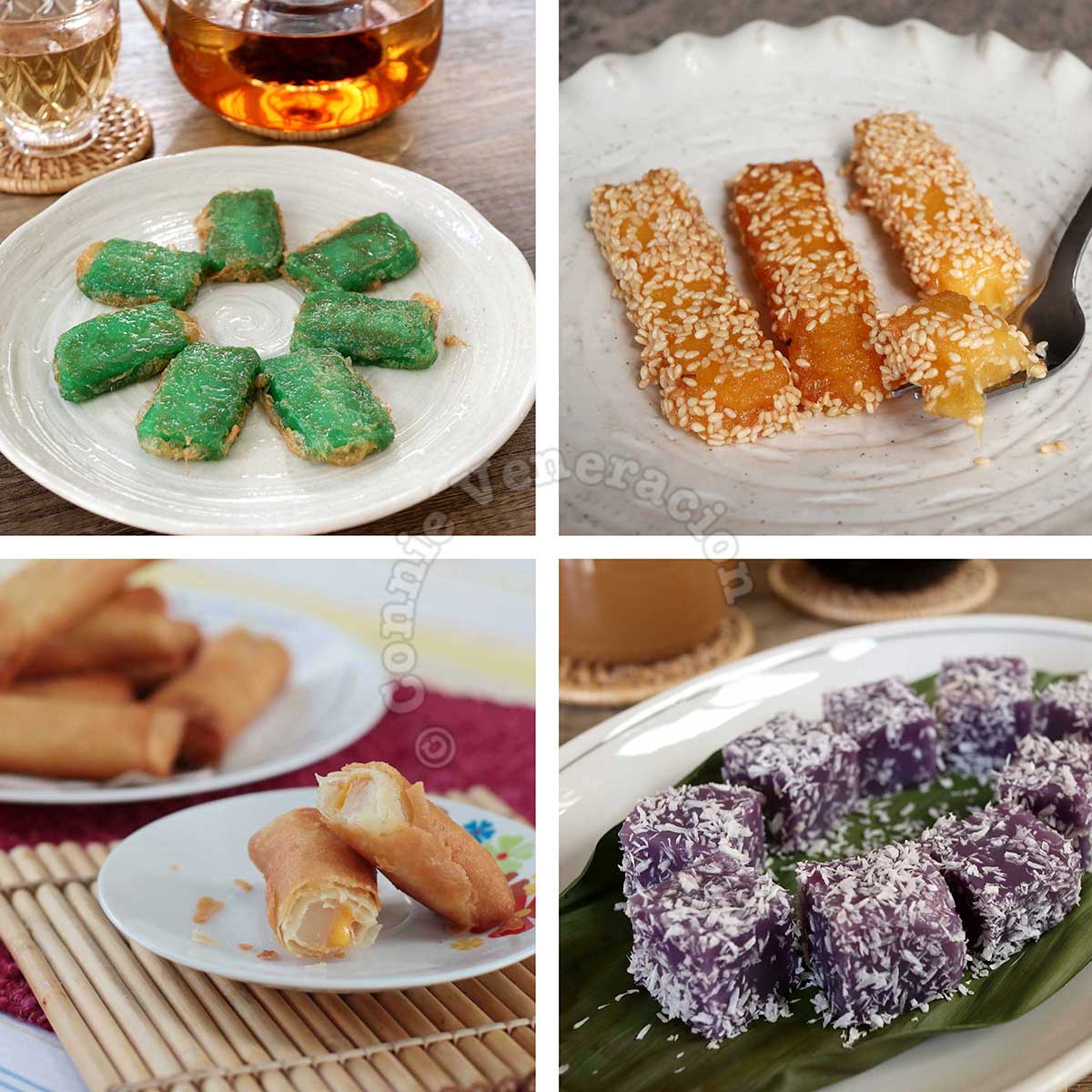 Four ways to serve nian gao: dipped in egg and fried, coated with sesame seeds and fried, as spring roll filling, and steamed with desiccated coconut