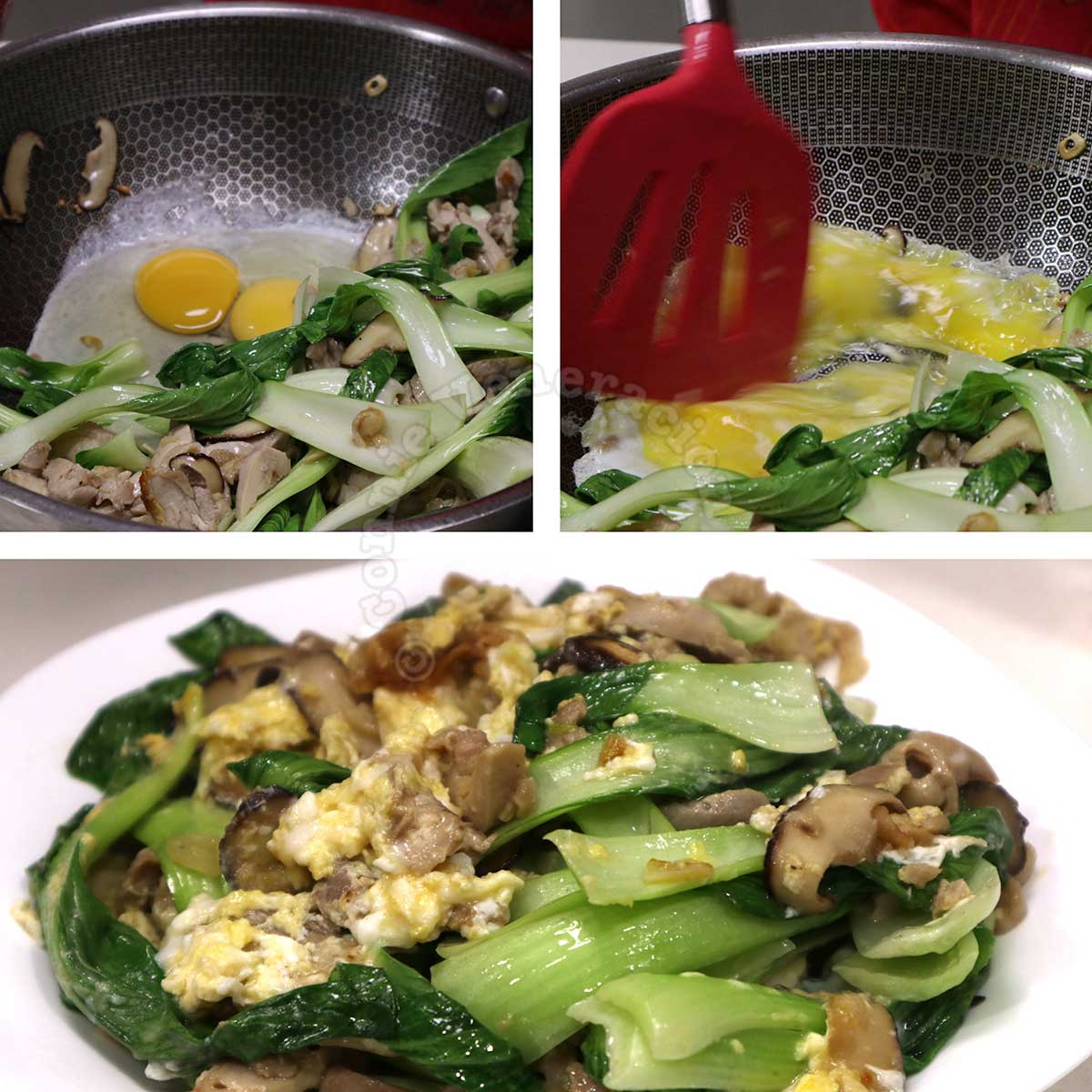 Stirring whole eggs into stir fried chicken and bok choy