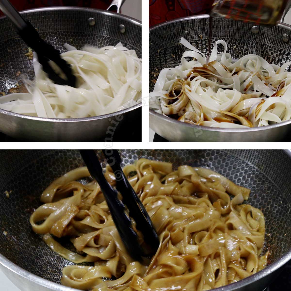 Stir frying rice noodles with sauce