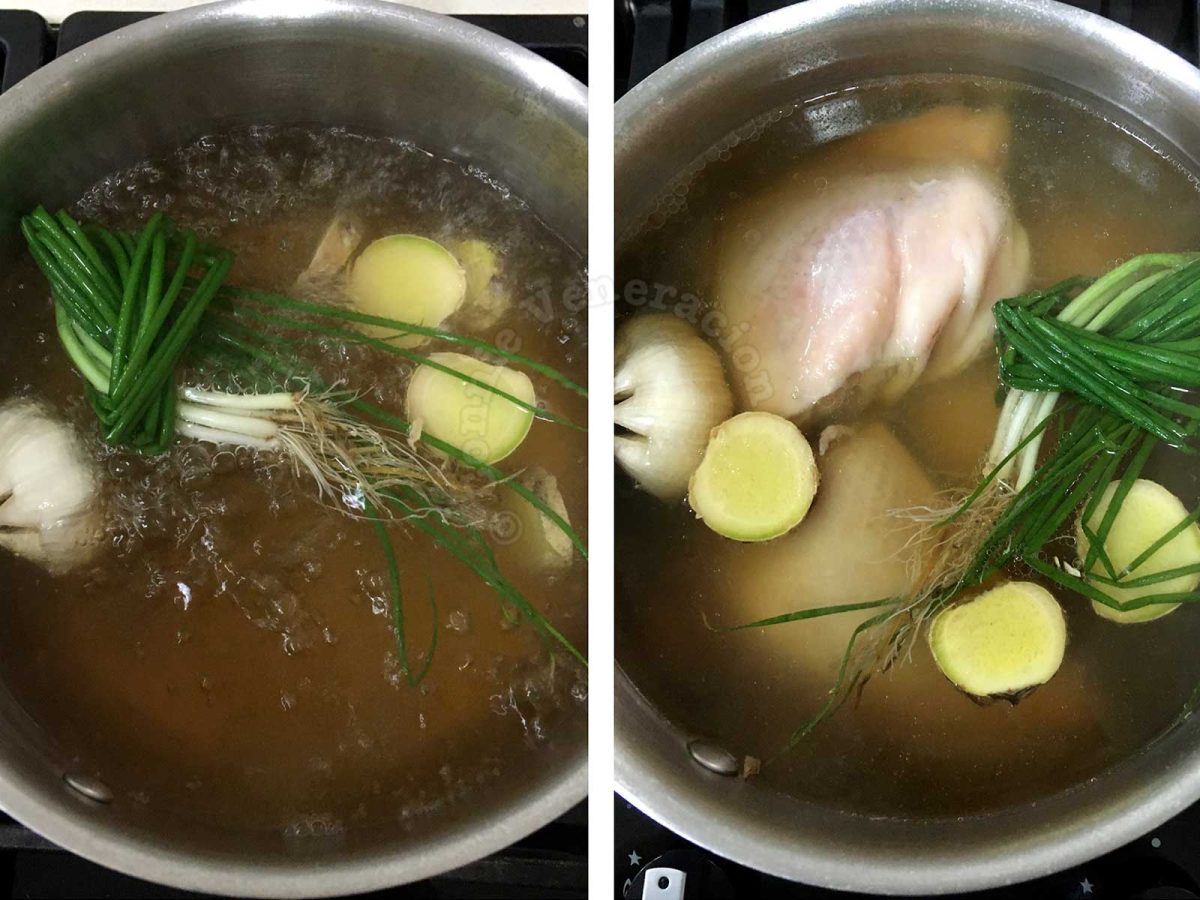 Poaching chicken in broth with Shao xhing rice wine and spices
