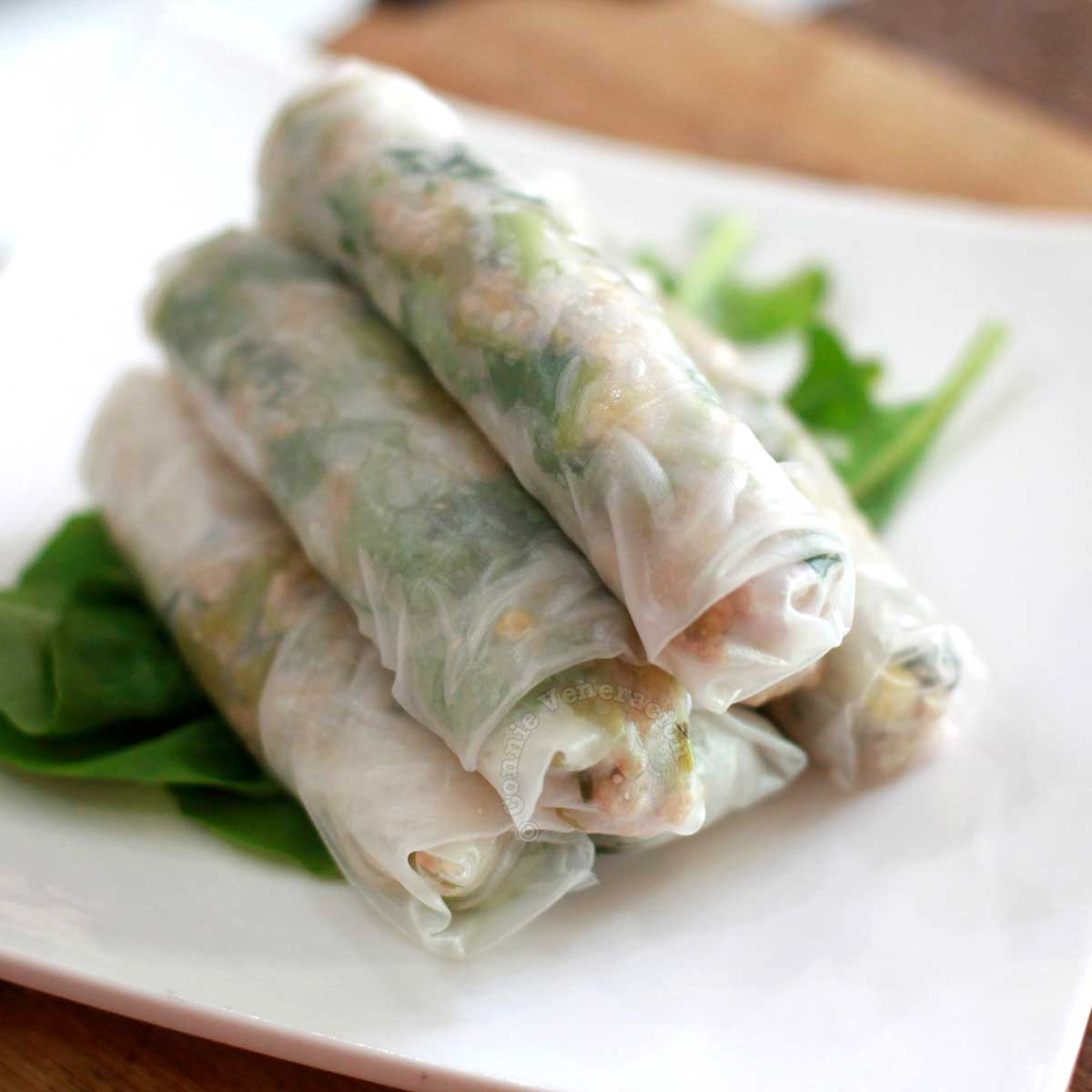 Pork, spinach and pineapple rice paper spring rolls