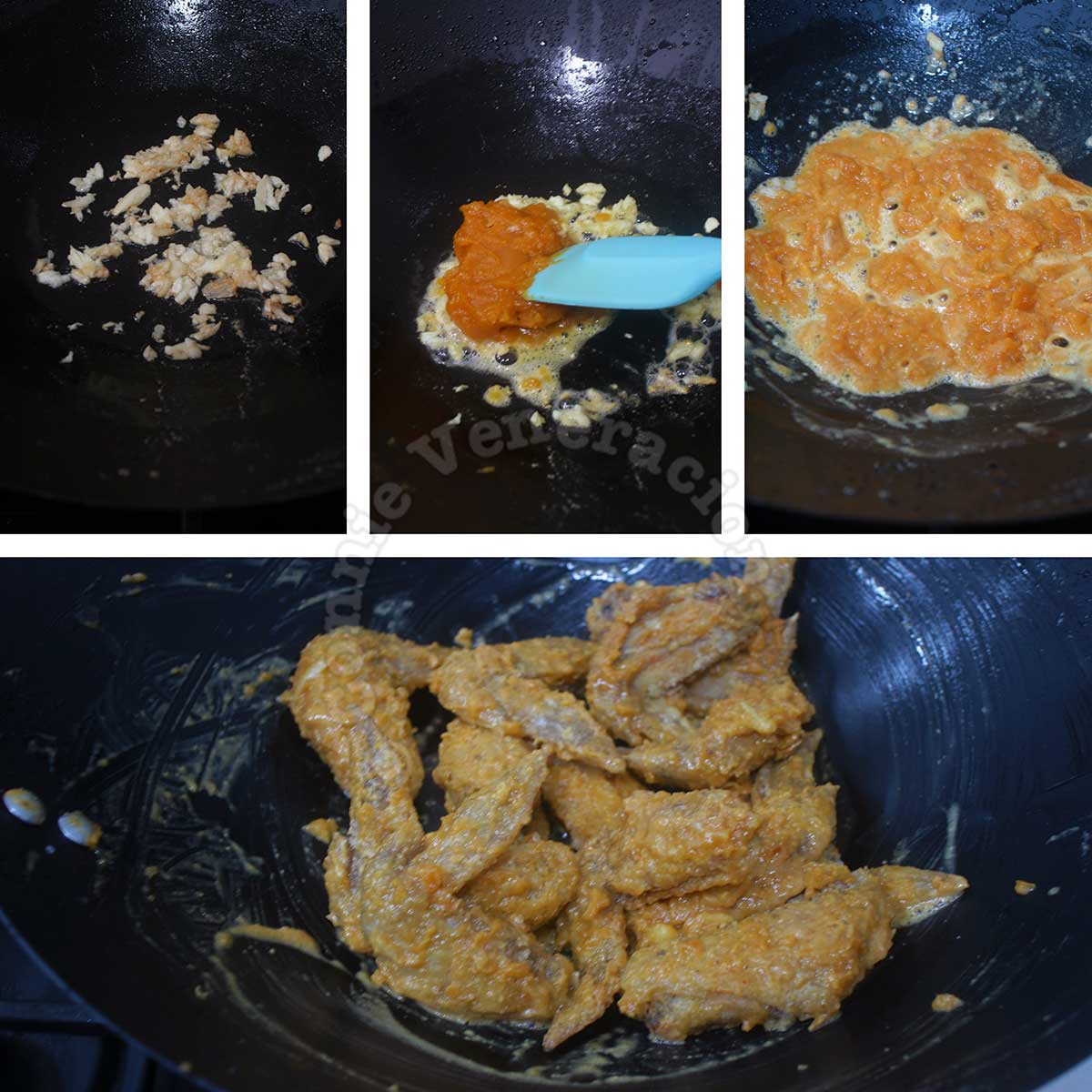 Tossing fried chicken wings in salted duck egg yolk sauce