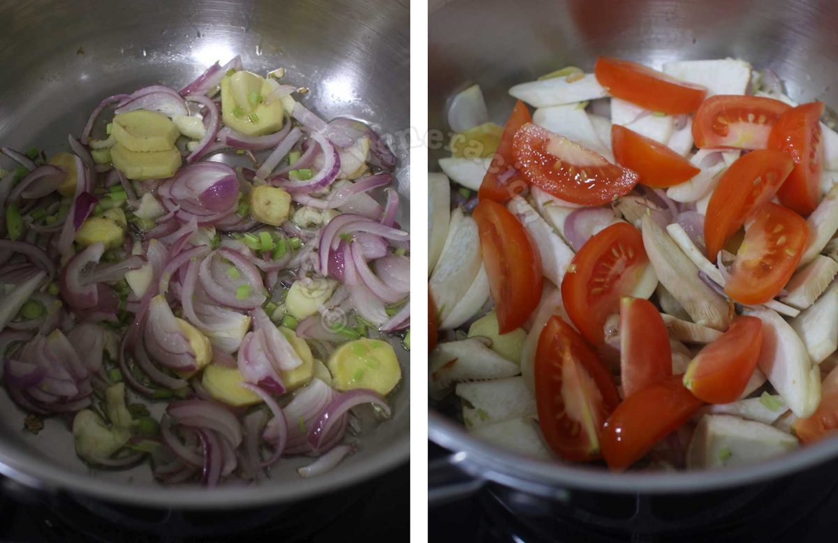 Sauteeing shallots, ginger, garlic and lemongrass then adding sliced eryngii (king trumpet) mushroom and tomatoes