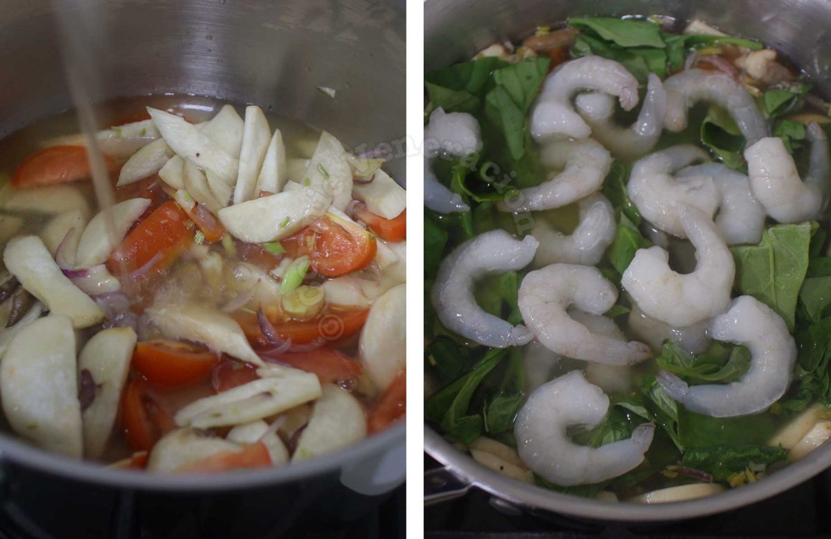 Pouring broth into pot and adding spinach and shrimps