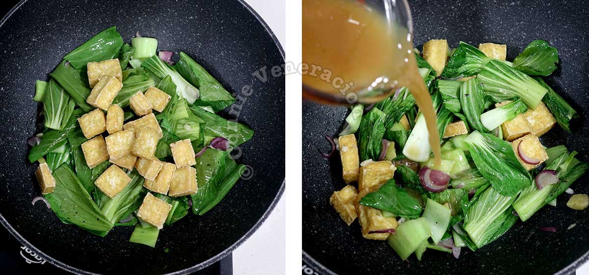 Pouring sauce over tofu and bok choy in wok