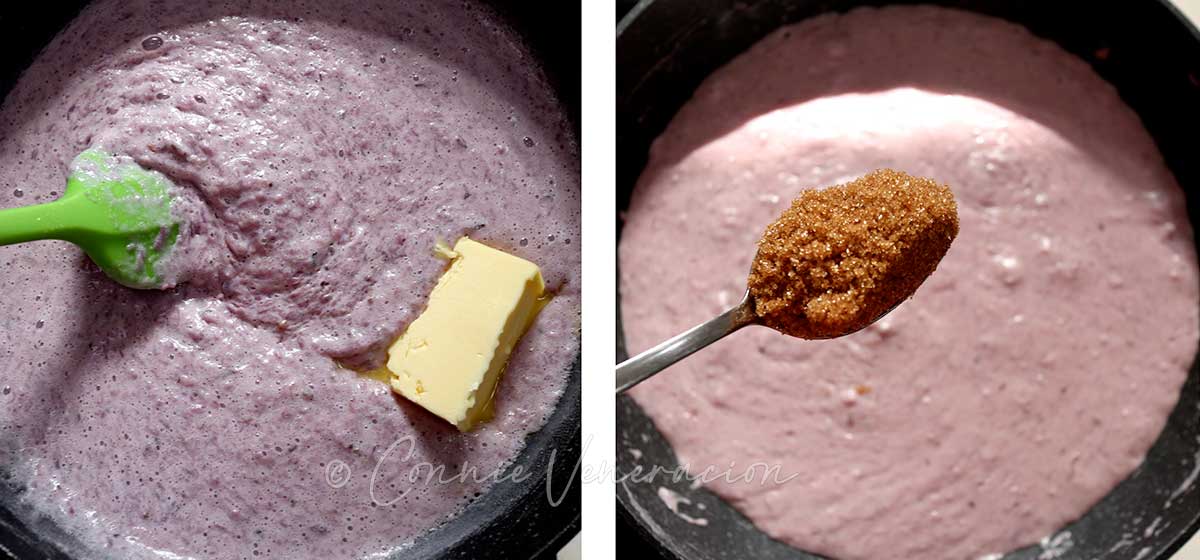 Adding butter and sugar to purple yam (ube) and milk