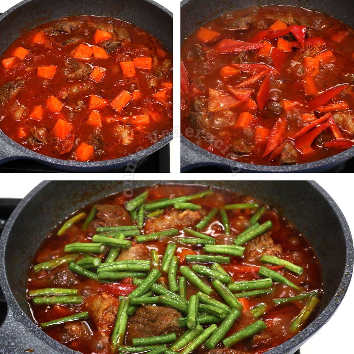 Adding carrot, bell pepper and long beans to beef and sausage stew