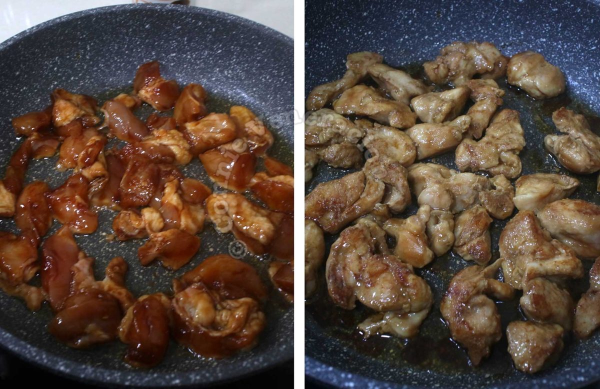 Searing marinated chicken in hot sesame oil