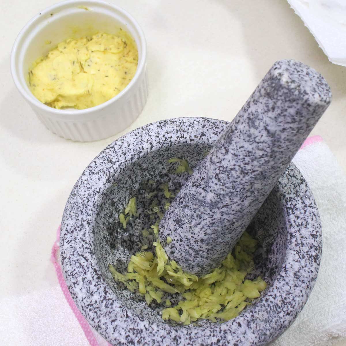 Mortar and pestle made of unpolished granite