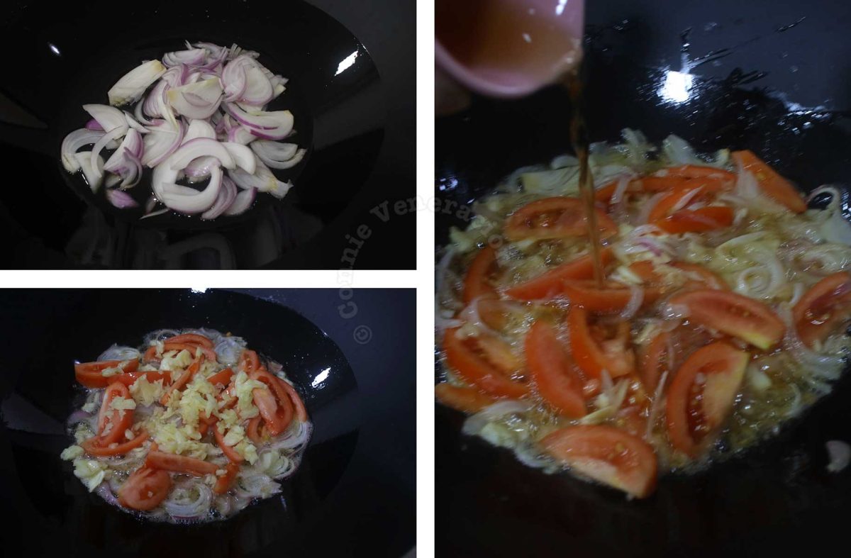 Sauteeing sliced shallots, crushed garlic and sliced tomatoes with fish sauce