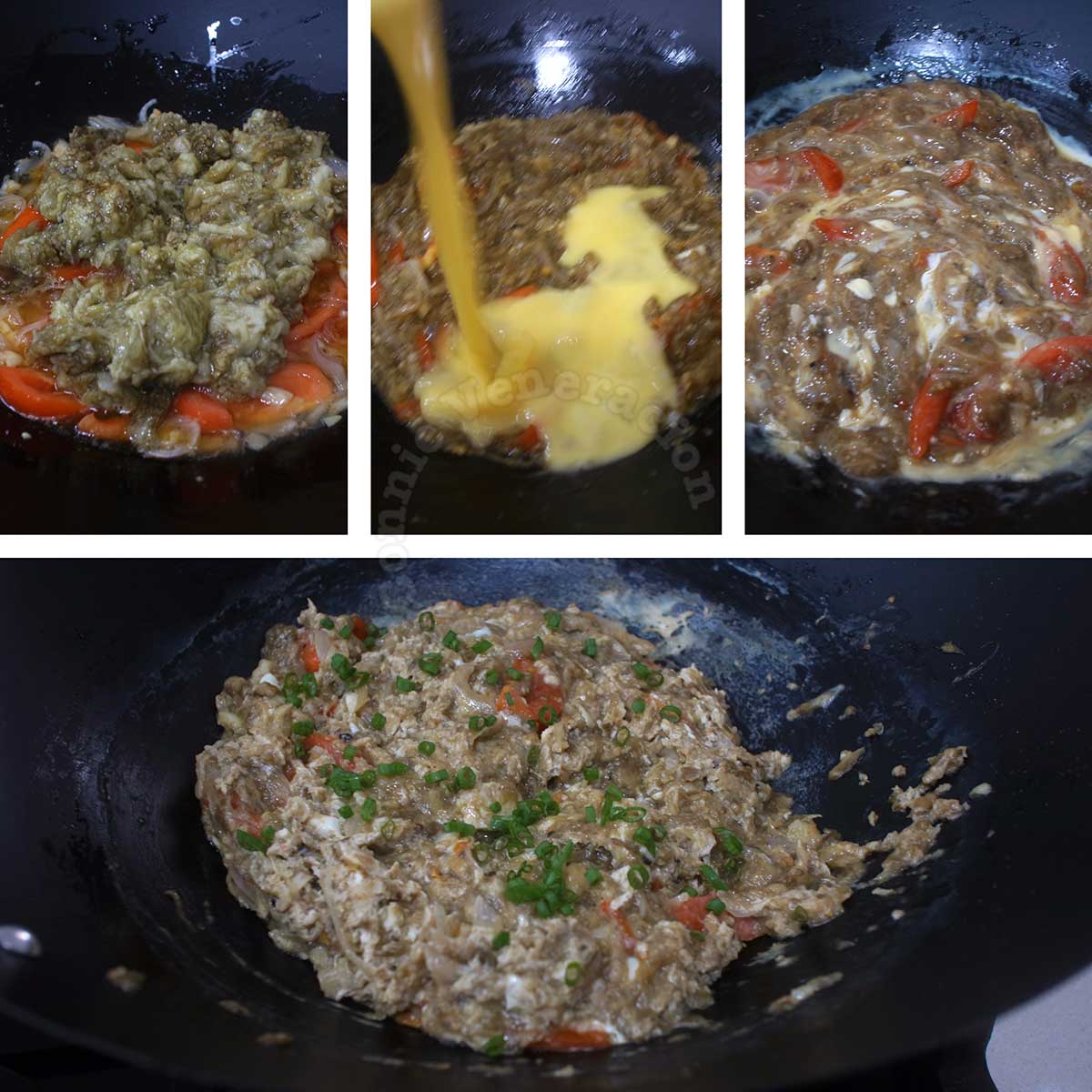 Adding cooked eggplant and eggs to sauteed shallots, garlic and tomatoes